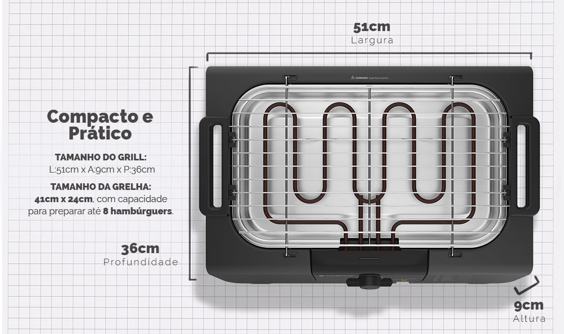 Compacto e Prático TAMANHO DO GRILL: L:51cm x A:9cm x P:36cm TAMANHO DA GRELHA: 41cm x 24cm, com capacidade para preparar até 8 hambúrguers. 